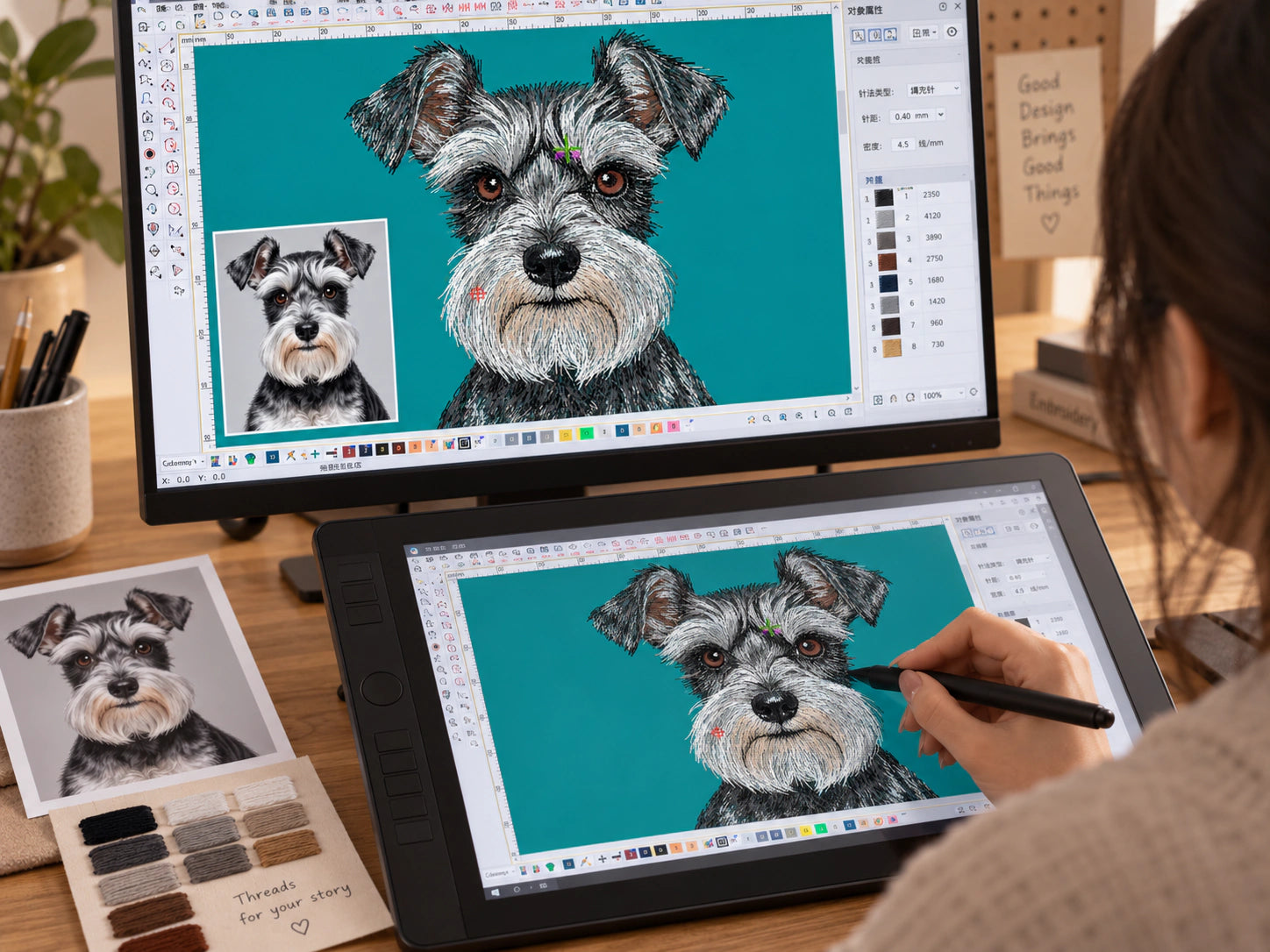 A designer developing a custom embroidery portrait from a customer's photograph