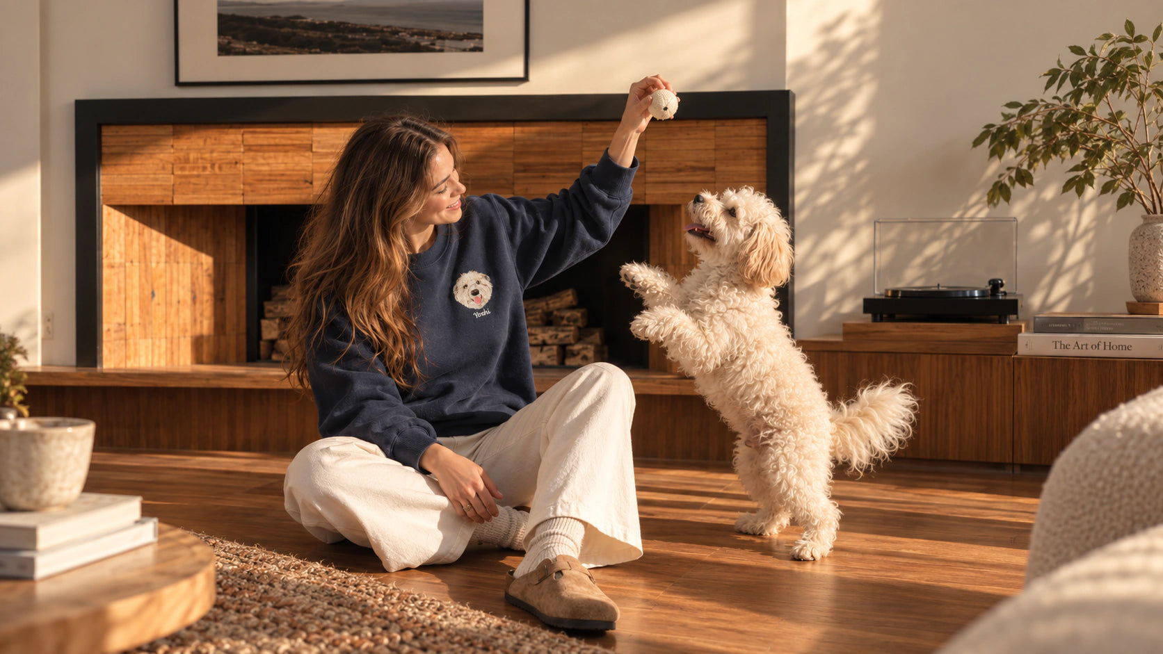 A woman wearing a custom pet embroidered sweatshirt playing with her dog at home